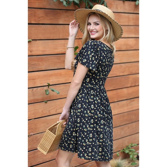 NWT BLACK FLORAL DEEP V NECK A LINE MINI DRESS - S - Picture 9 of 12